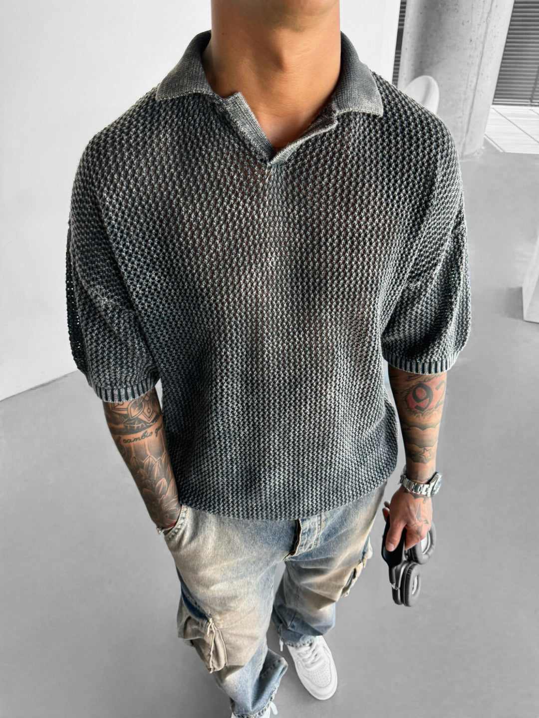 Regular Fit Knit Grid T-shirt - Stormy Weather