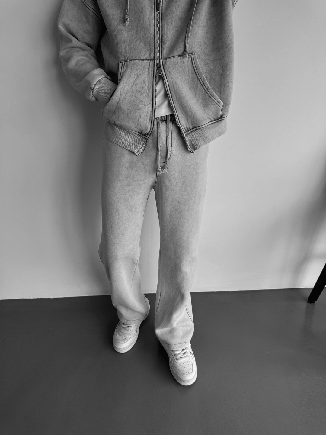 Loose Fit Washed Zipper Trousers - Grey