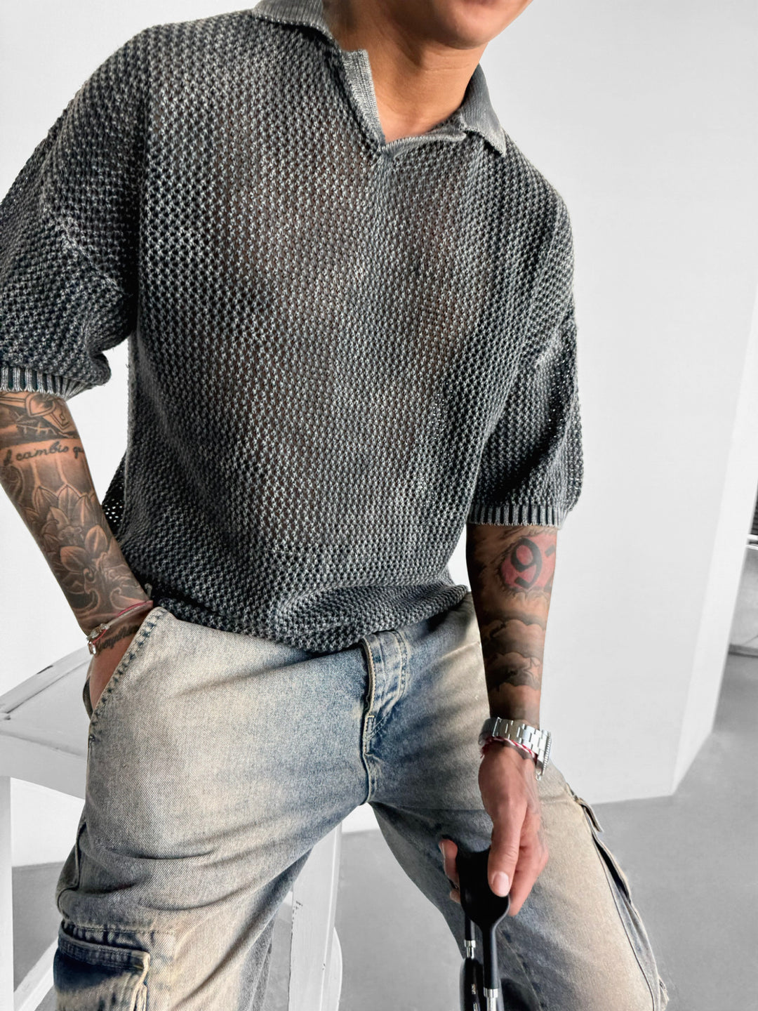 Regular Fit Knit Grid T-shirt - Stormy Weather