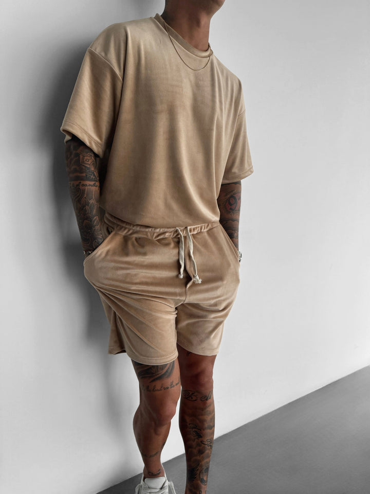 Regular Fit Velvet T-shirt - Beige