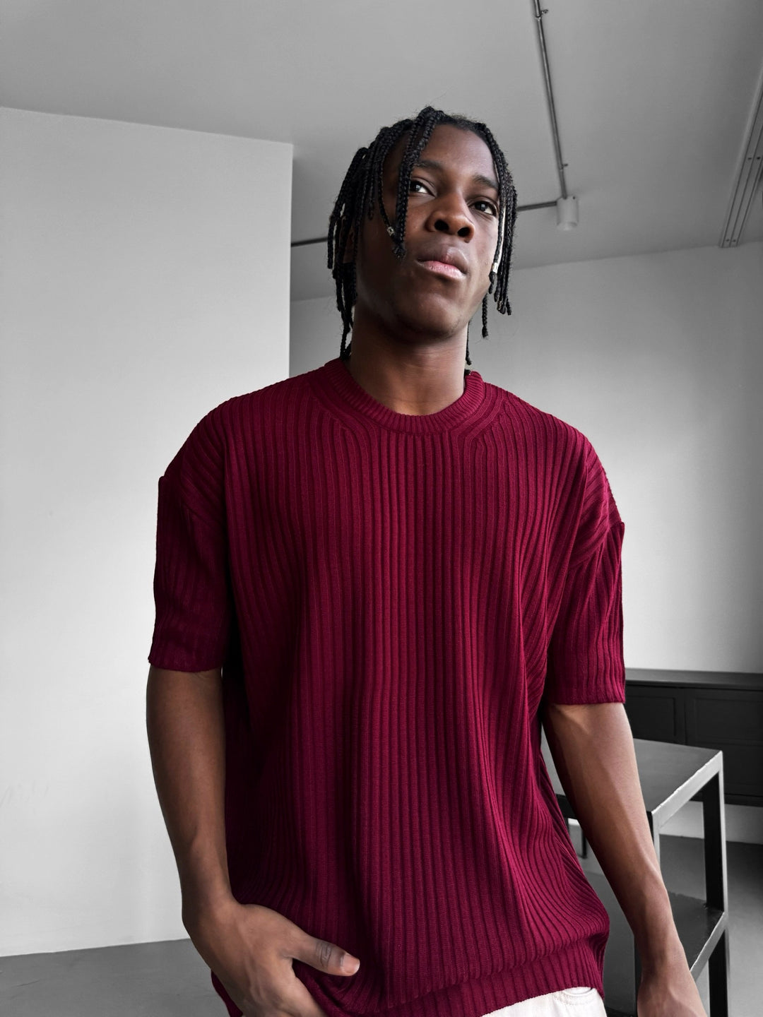 Loose Fit Ribbed Knit T-Shirt - Bordeaux