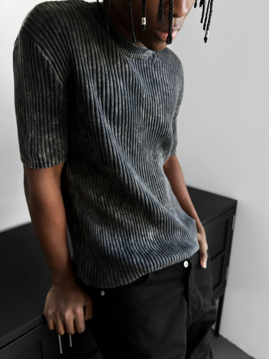 Slim Fit Washed Thin Lines Knit T-Shirt - Anthracite