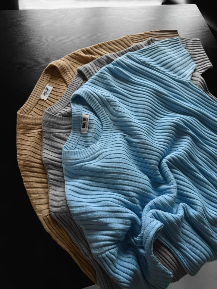 Loose Fit Ribbed Knit T-Shirt - Babyblue