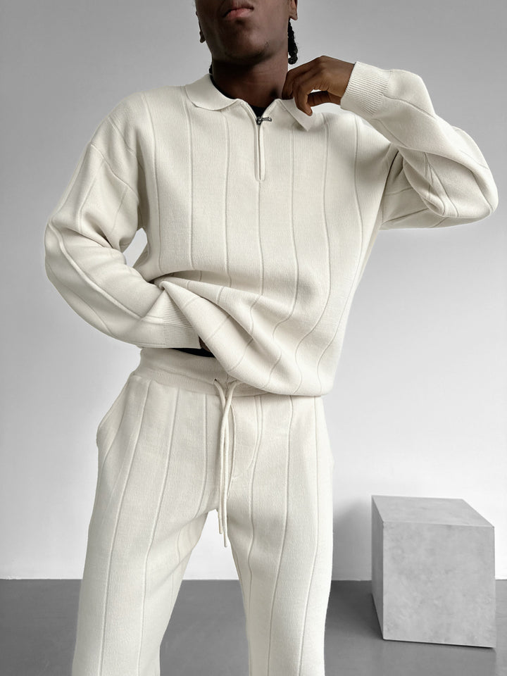 Oversize Lines Knit Zipper Polo Sweatshirt - Ecru