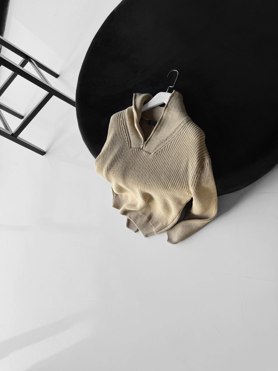 Oversize Collar Zipper Knit Sweater - Stone