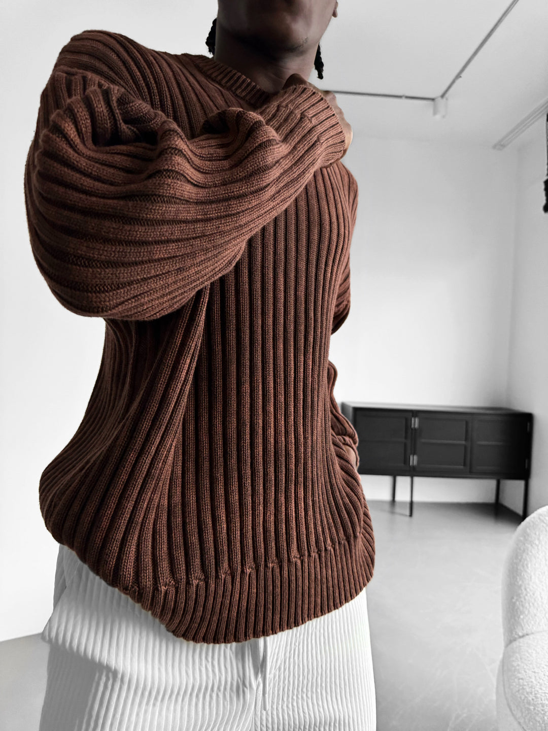 Oversize Ribbed Washed Sweater - Brown