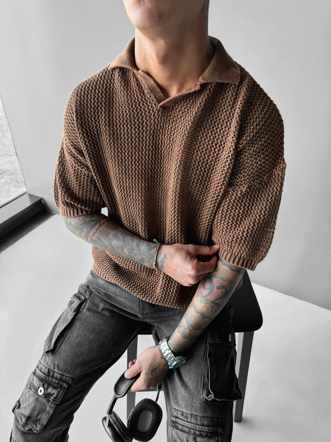 Regular Fit Knit Grid T-shirt - Ochre
