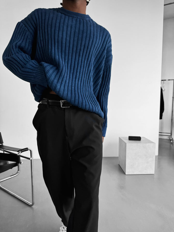 Oversize Ribbed Washed Sweater - Blue