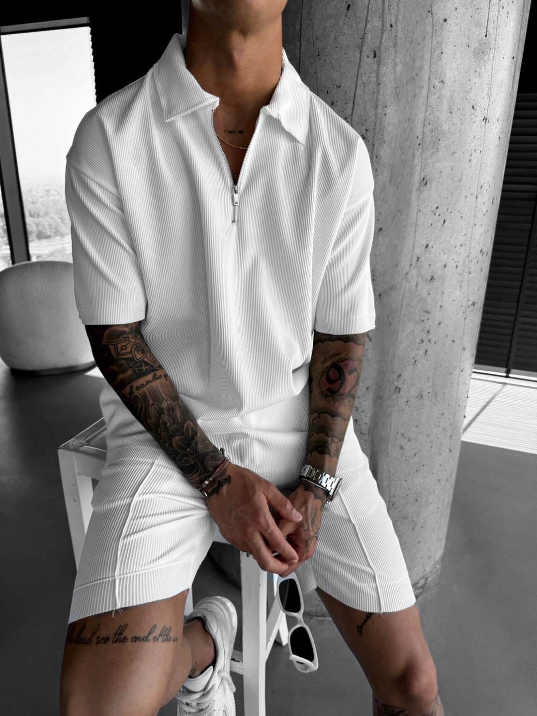 Oversize Textured Zipper Polo T-Shirt - White