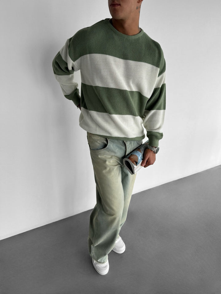 Loose Fit Strip Knit Sweater - Green