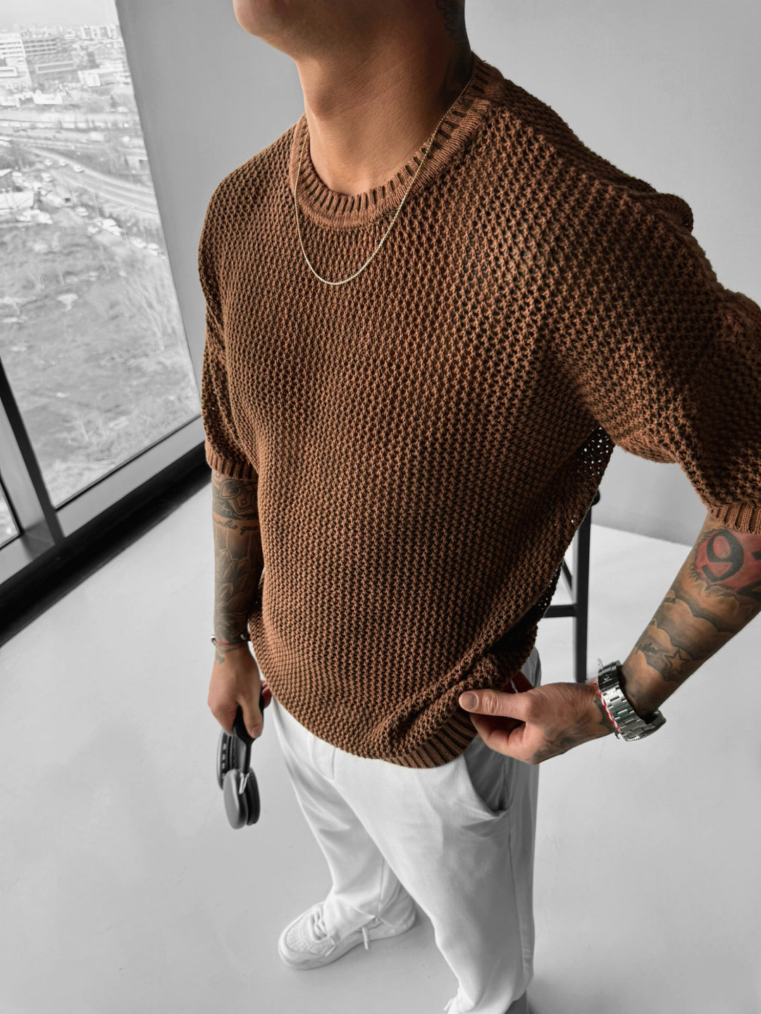 Regular Fit Knit Grid T-shirt - Ochre