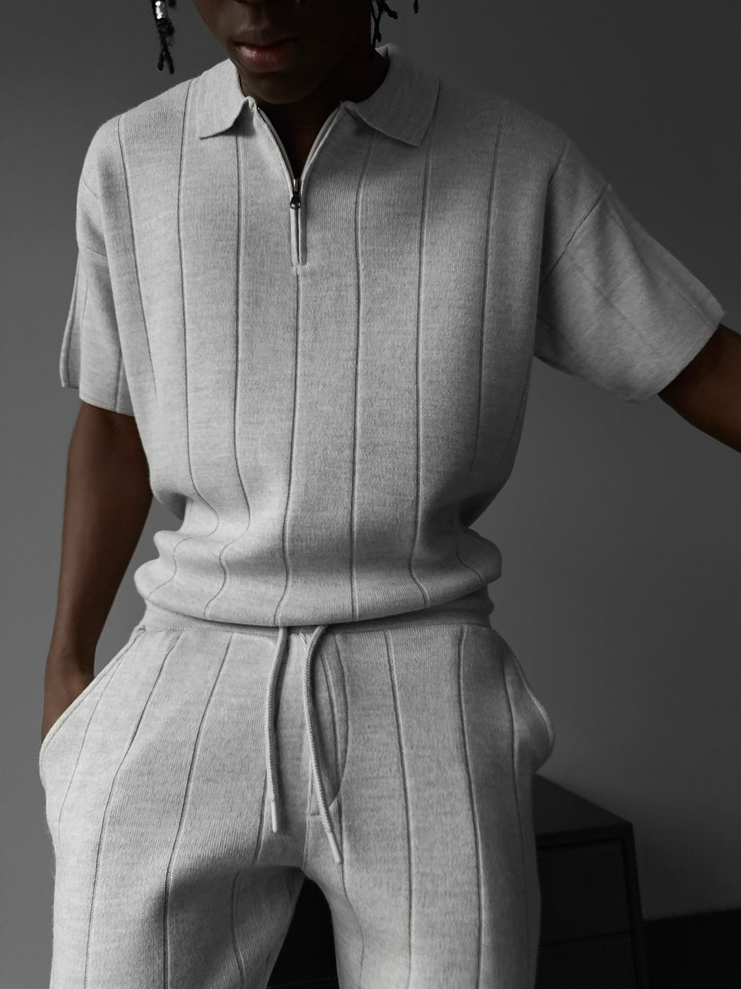 Loose Fit Line Collar Knit T-Shirt - Light Grey