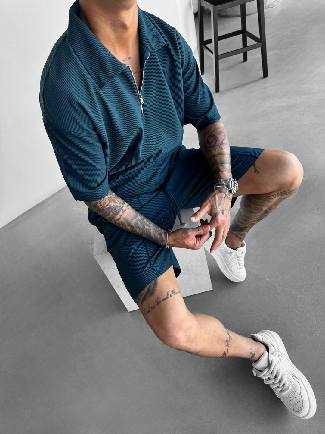 Oversize Textured Zipper Polo T-Shirt - Petrol