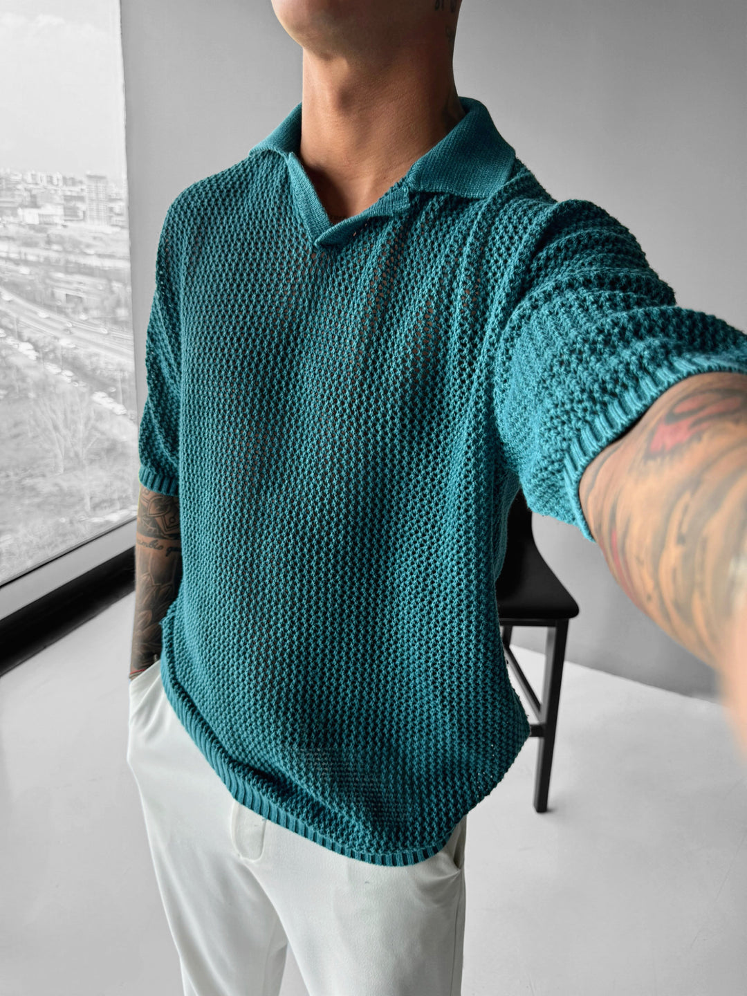 Regular Fit Knit Grid T-shirt - Deep Lagoon
