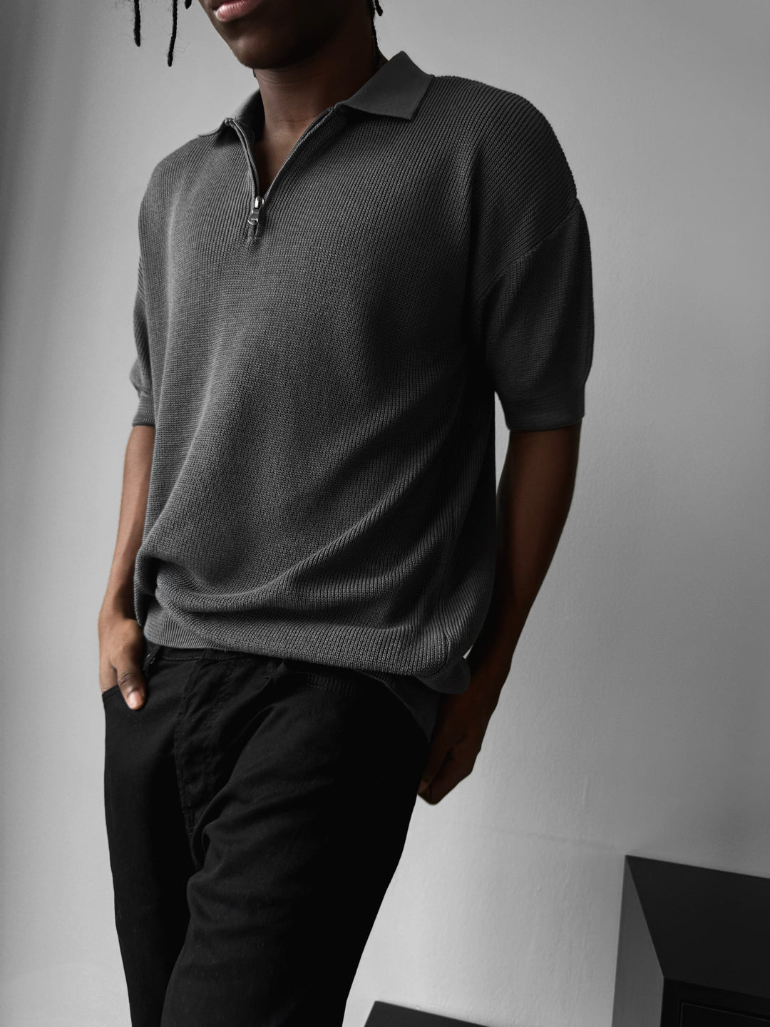 Oversize Zipper Knit Polo T-shirt - Anthracite