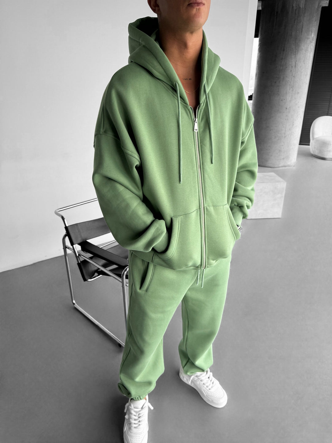 Oversize Basic Zipper Hoodie - Moss