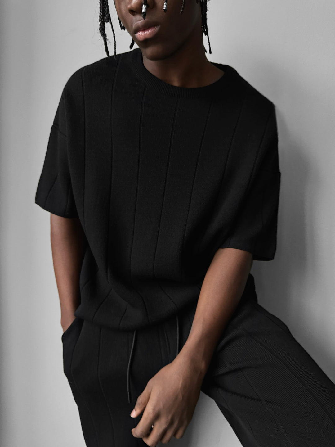 Oversize Line Knit T-Shirt - Black