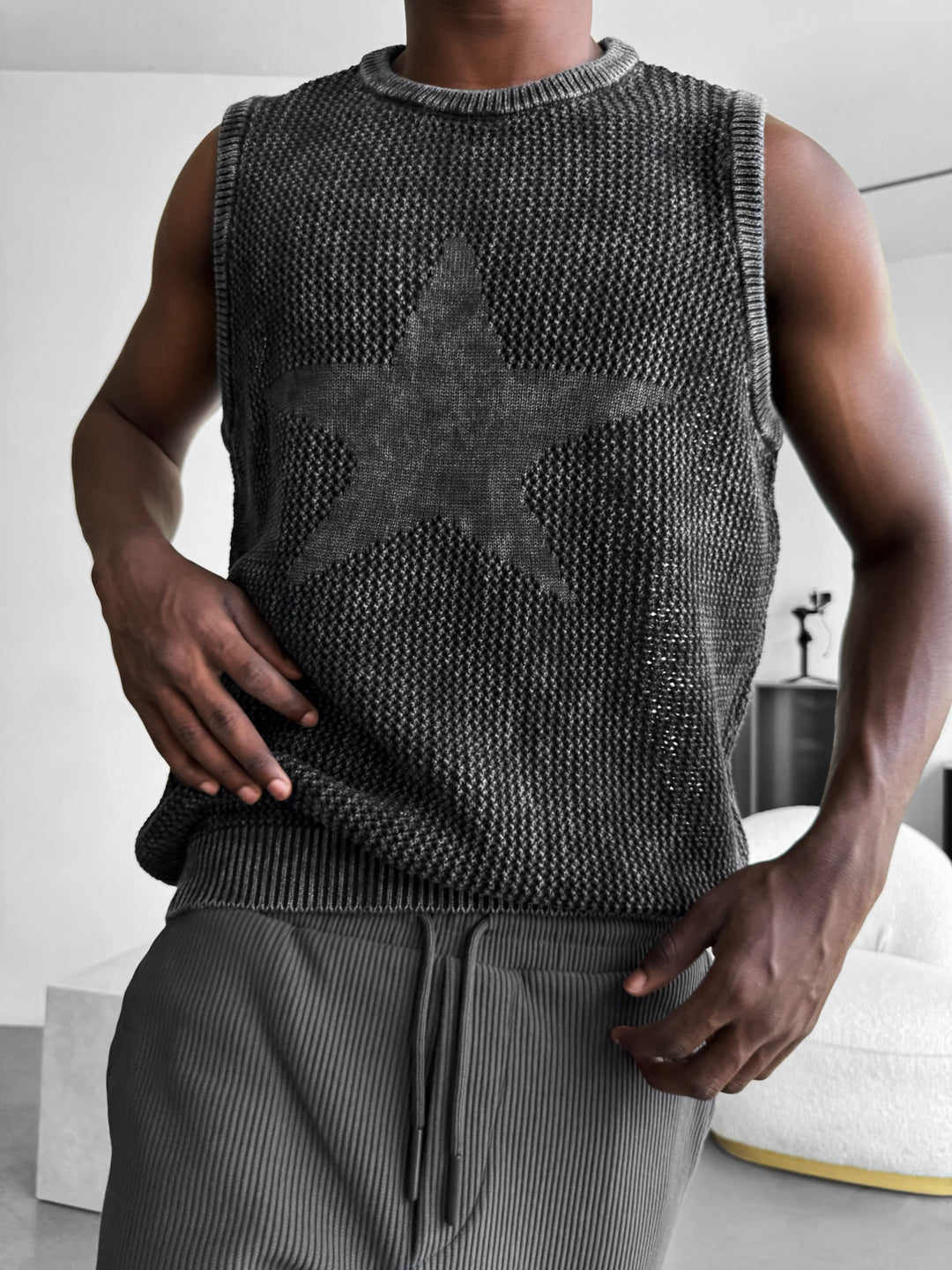 Oversize Washed Knit Star Tanktop - Black