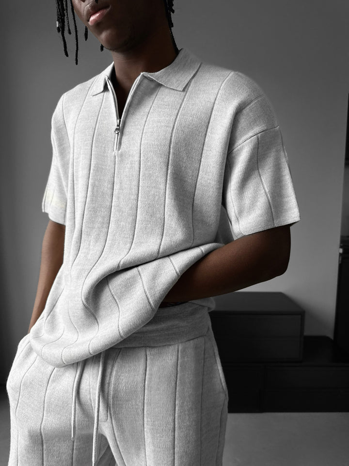 Loose Fit Line Collar Knit T-Shirt - Light Grey