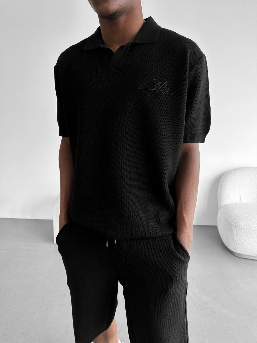 Oversize Initial Knit Polo T-Shirt - Black