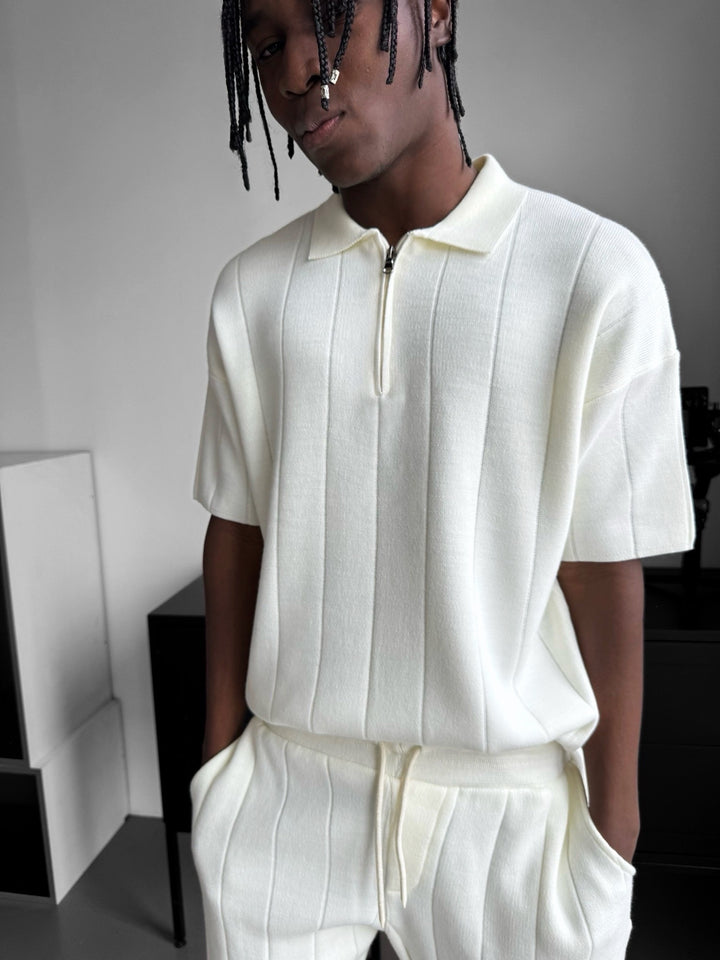 Loose Fit Line Collar Knit T-Shirt - Ecru
