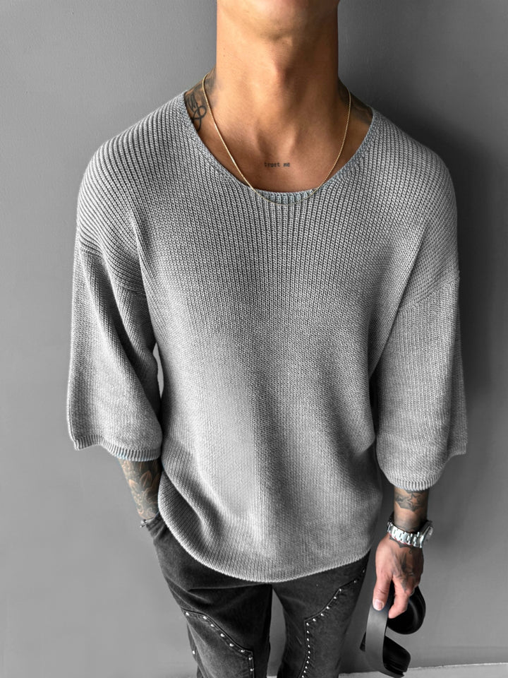 Oversize Long Knit T-Shirt- Grey
