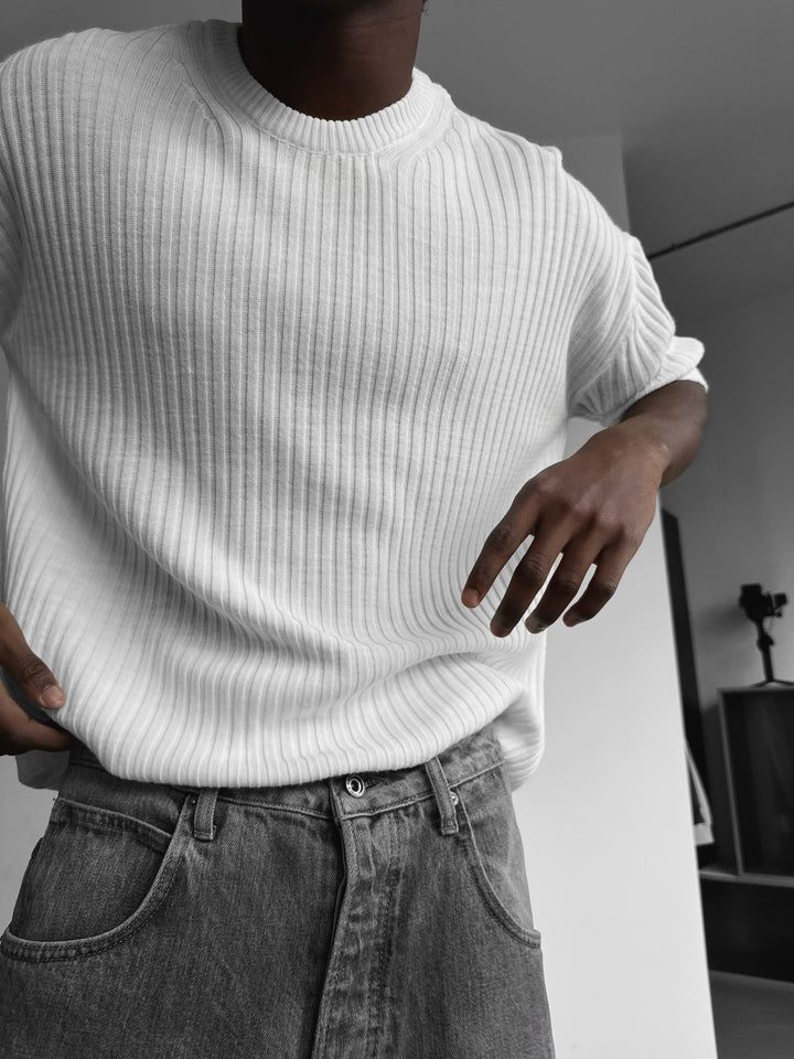 Loose Fit Ribbed Knit T-Shirt - Ecru