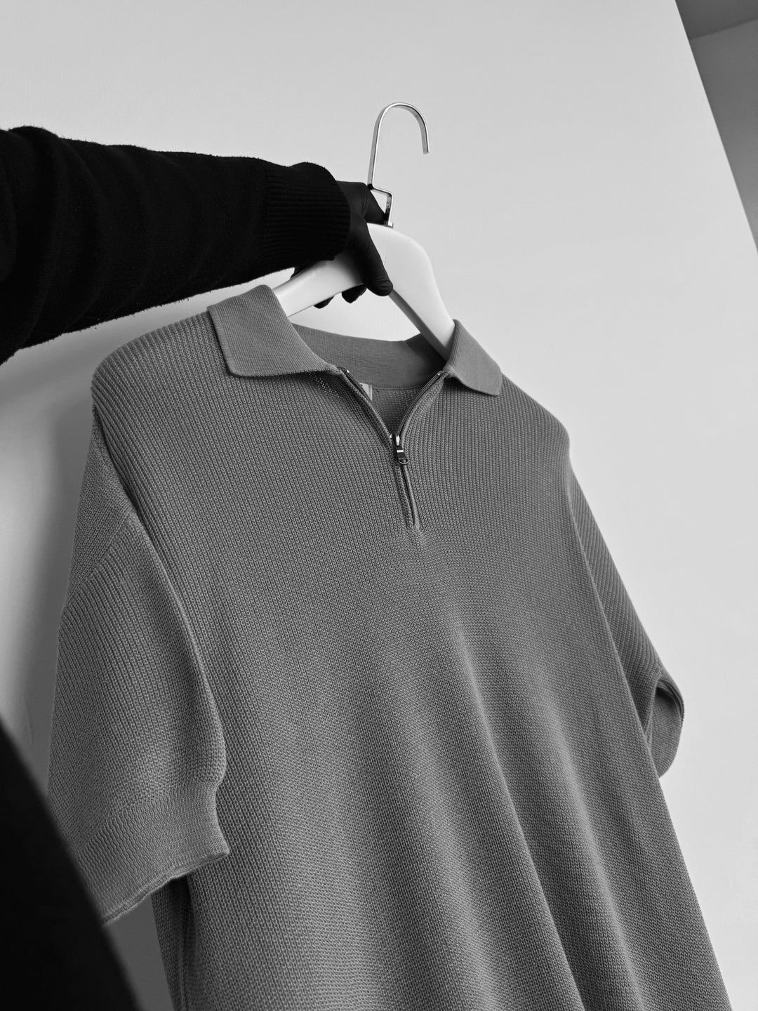 Oversize Zipper Knit Polo T-shirt - Grey