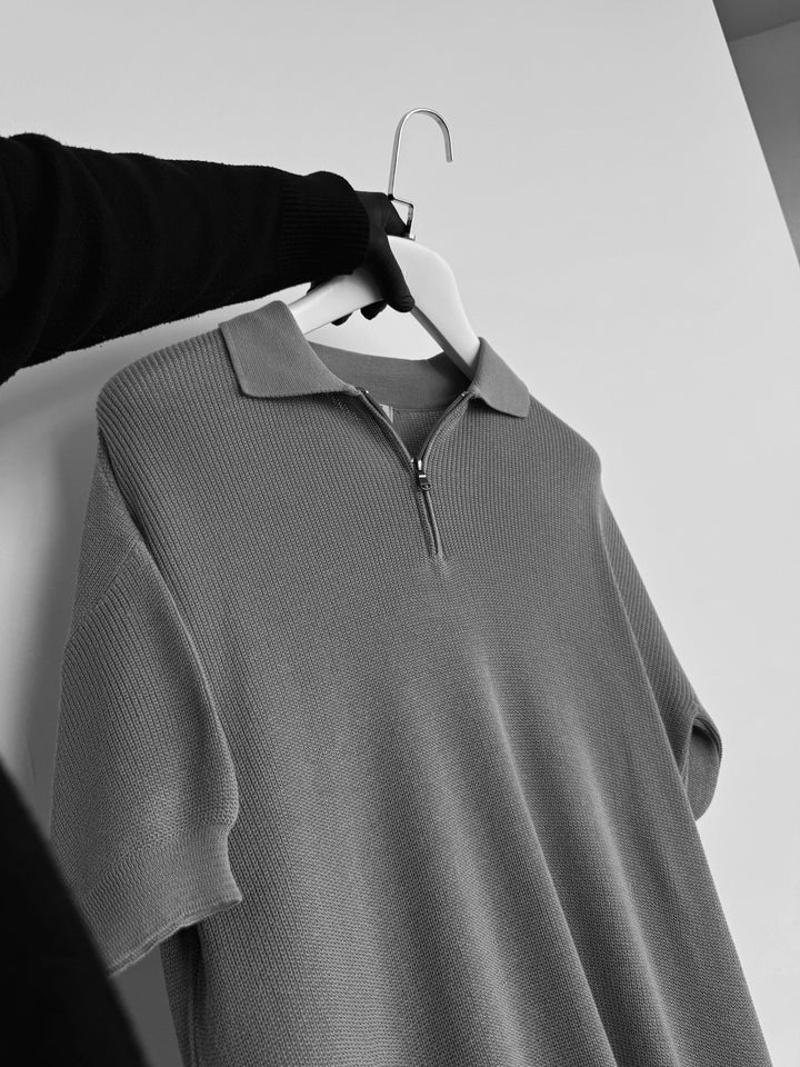 Oversize Zipper Knit Polo T-shirt - Grey