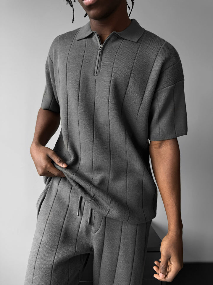Loose Fit Line Collar Knit T-Shirt - Anthracite