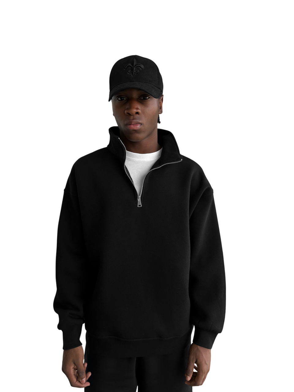 Oversize Half-Zip Polo Sweatshirt - Black