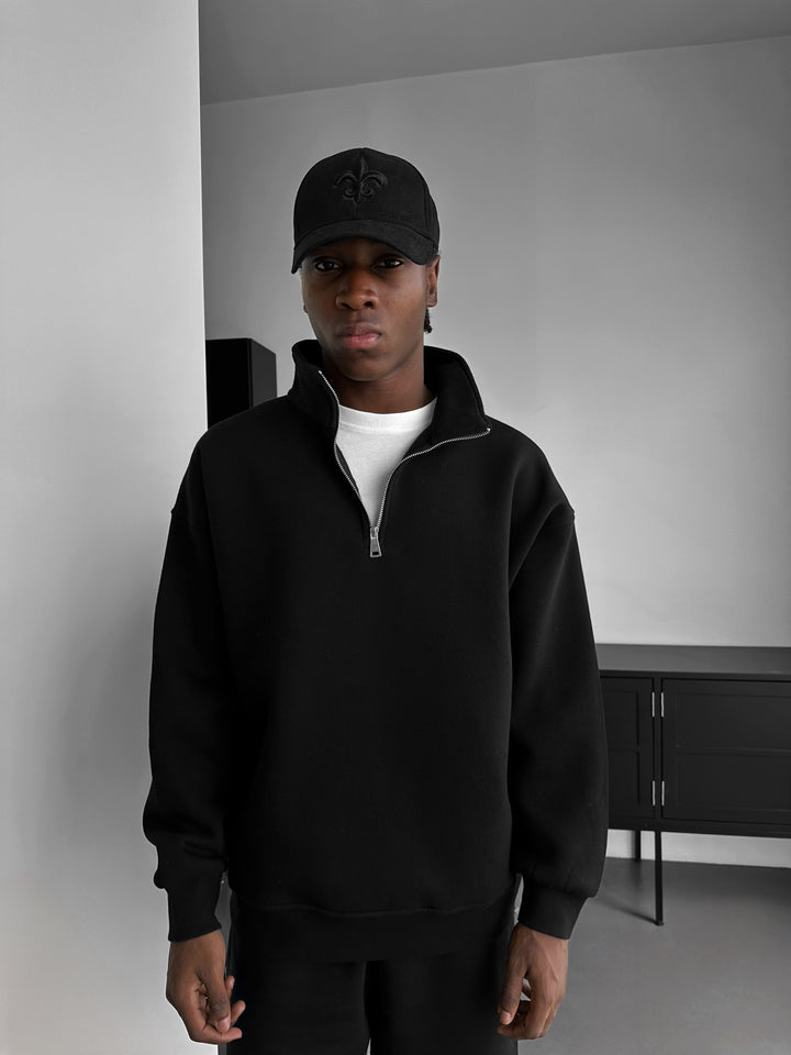 Oversize Half-Zip Polo Sweatshirt - Black
