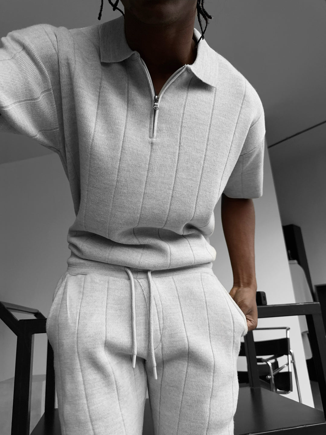 Loose Fit Line Collar Knit T-Shirt - Light Grey