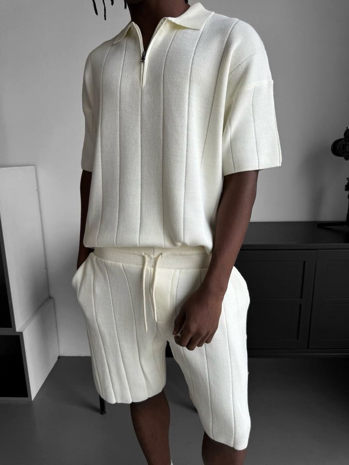 Loose Fit Line Collar Knit T-Shirt - Ecru