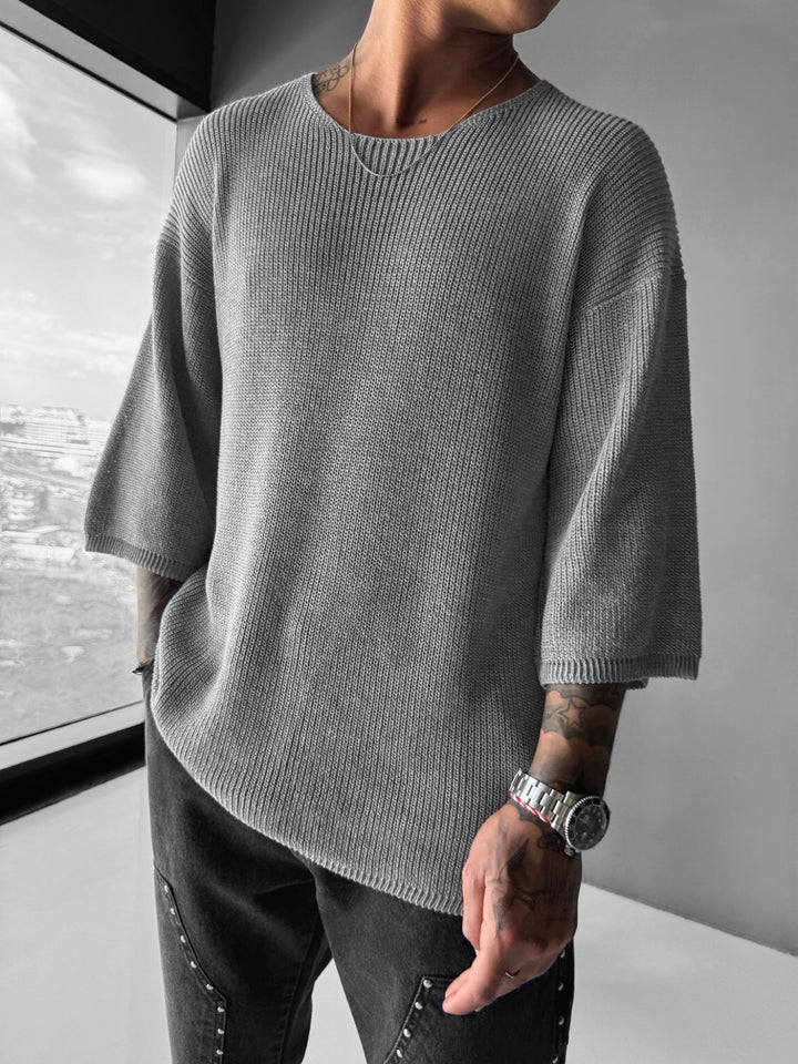 Oversize Long Knit T-Shirt- Grey