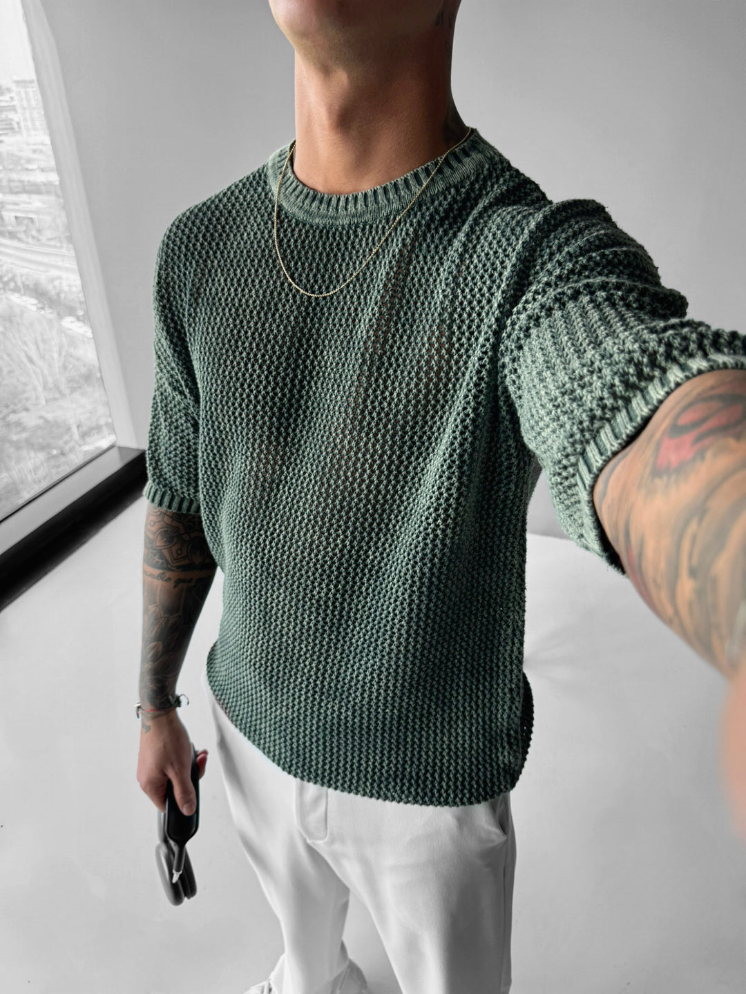 Regular Fit Knit Grid T-shirt - Dark Forest