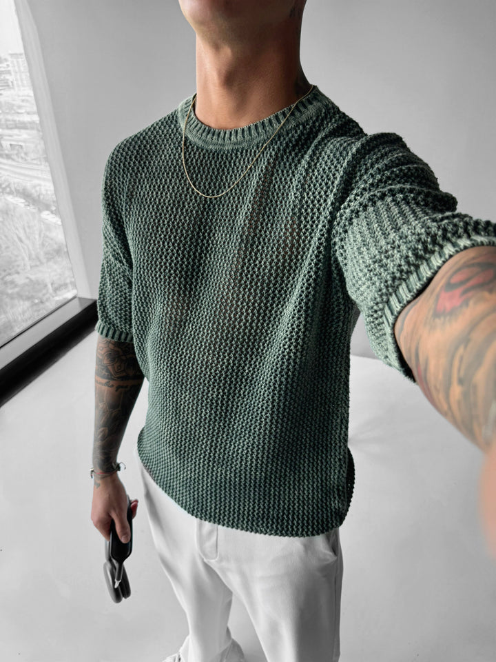 Regular Fit Knit Grid T-shirt - Dark Forest