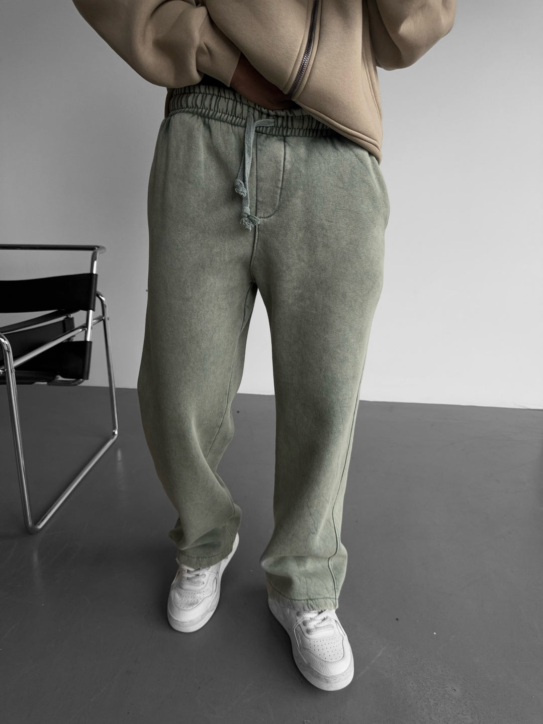 Loose Fit Washed Zipper Trousers - Khaki