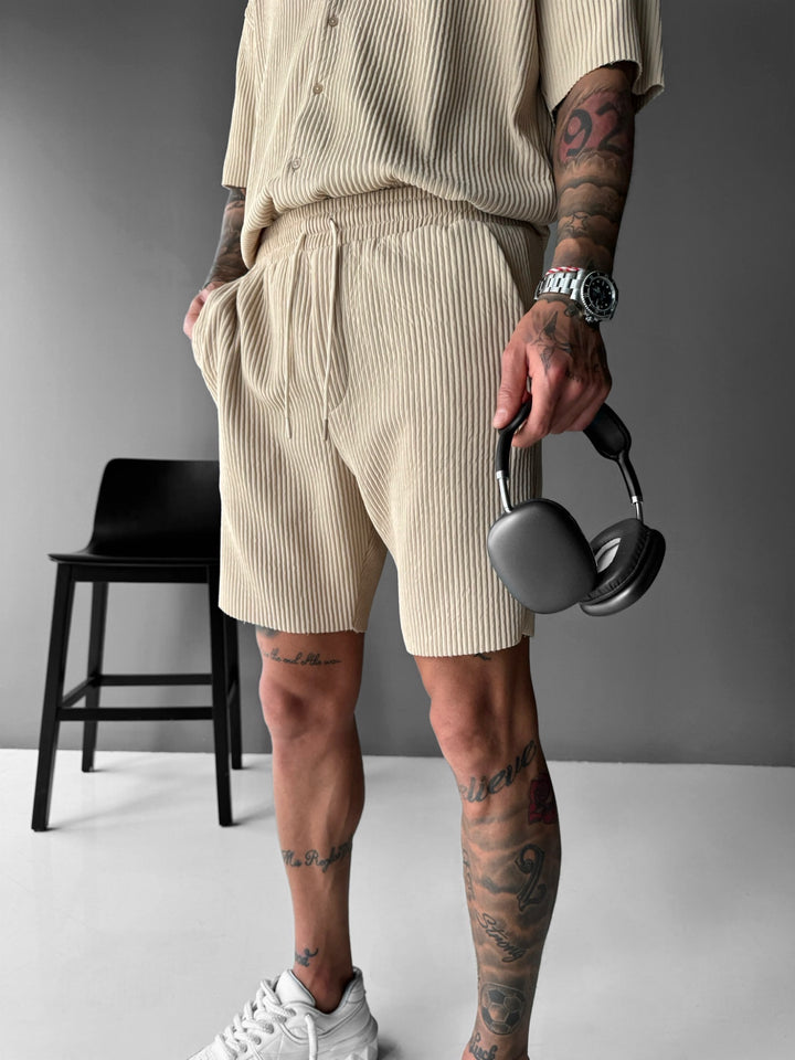Loose Fit Ribbed Shorts - Beige