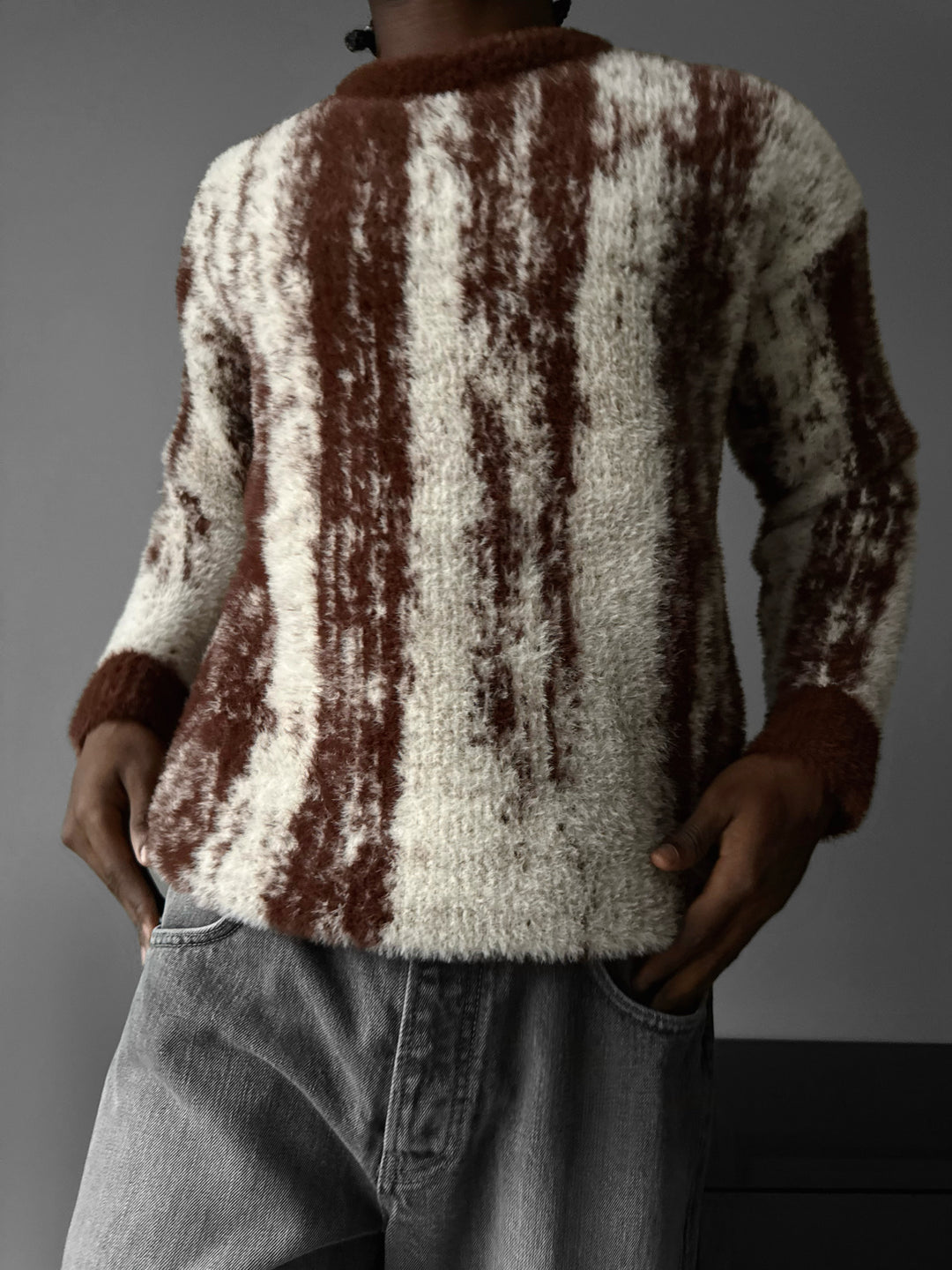 Oversize Brushstroke Effect Knit Pullover - Chocolate