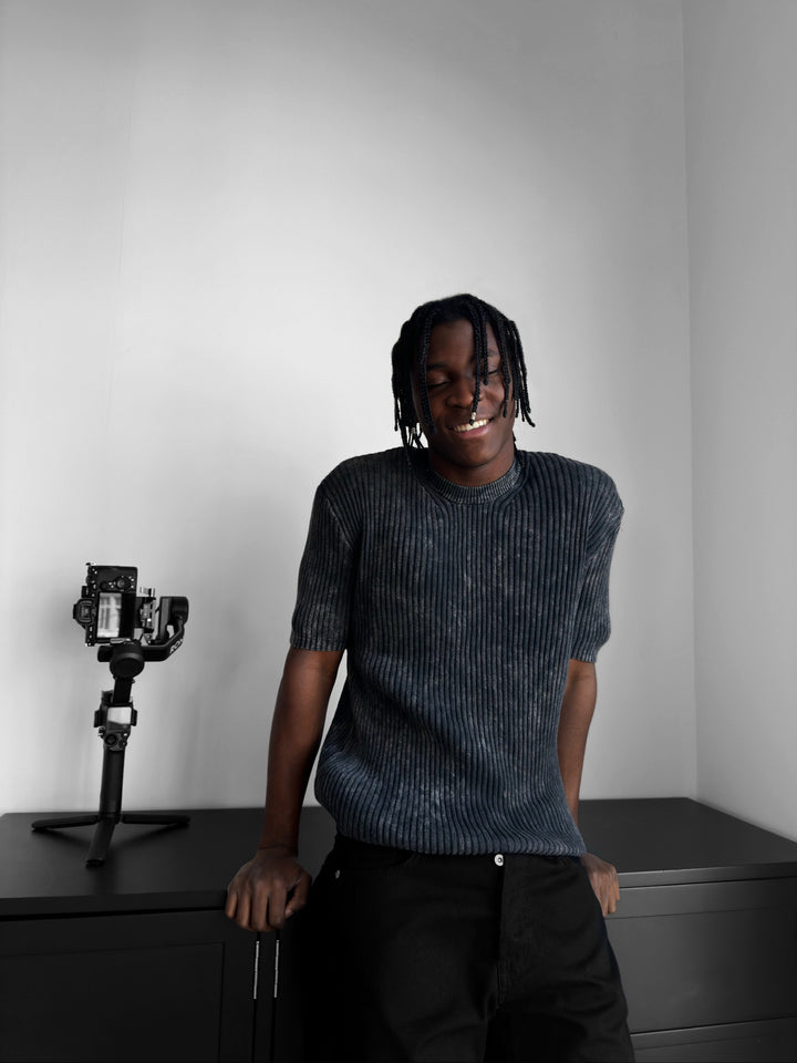 Slim Fit Washed Thin Lines Knit T-Shirt - Anthracite