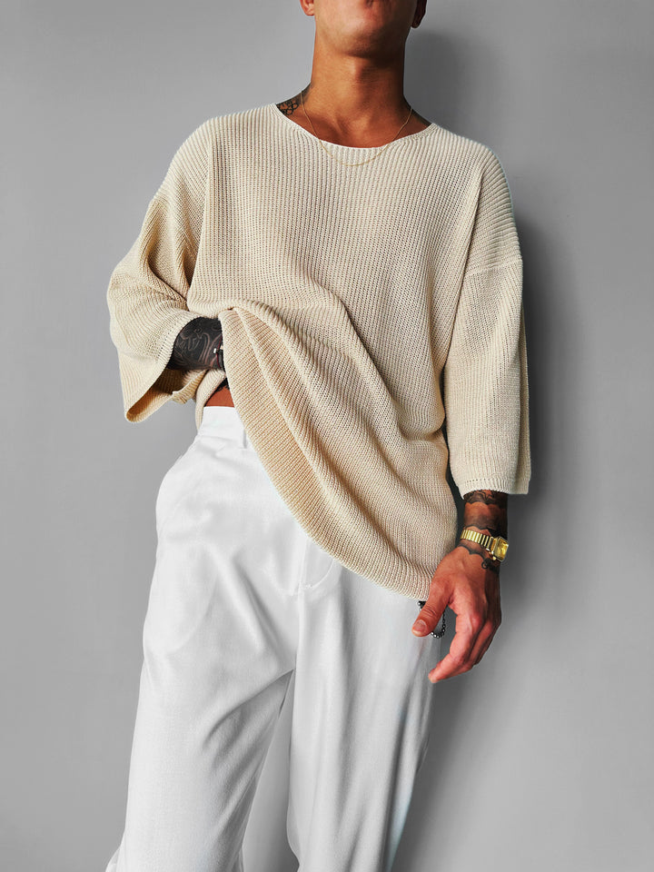 Oversize Long Knit T-Shirt- Beige