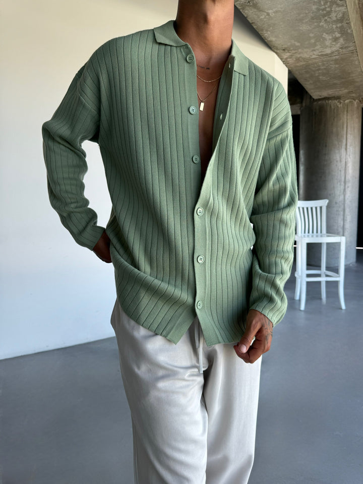 Oversize Wide Ribbed Long Arm Knit Shirt - Grass