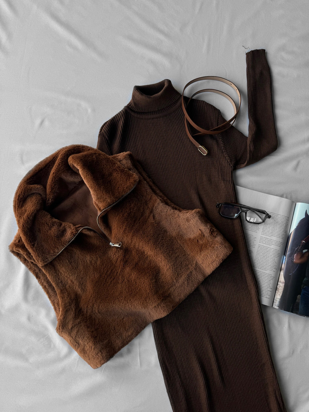 High Neck Knit Dress - Brown