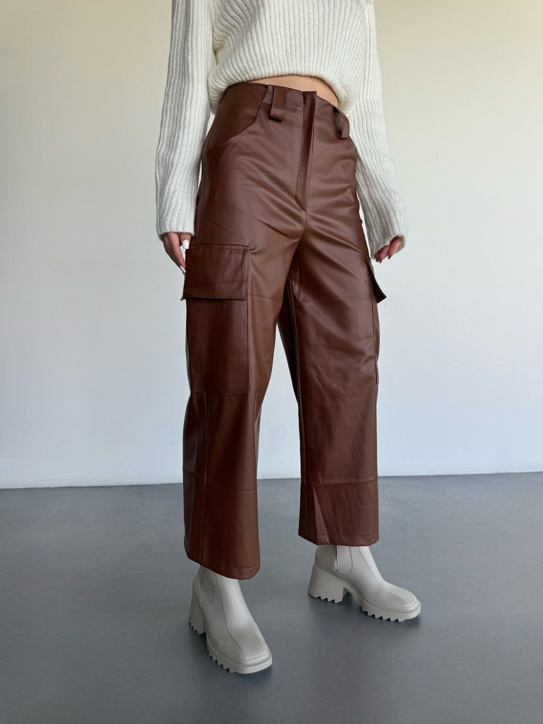 Wide Leg Leather Cargo Pant - Coffee