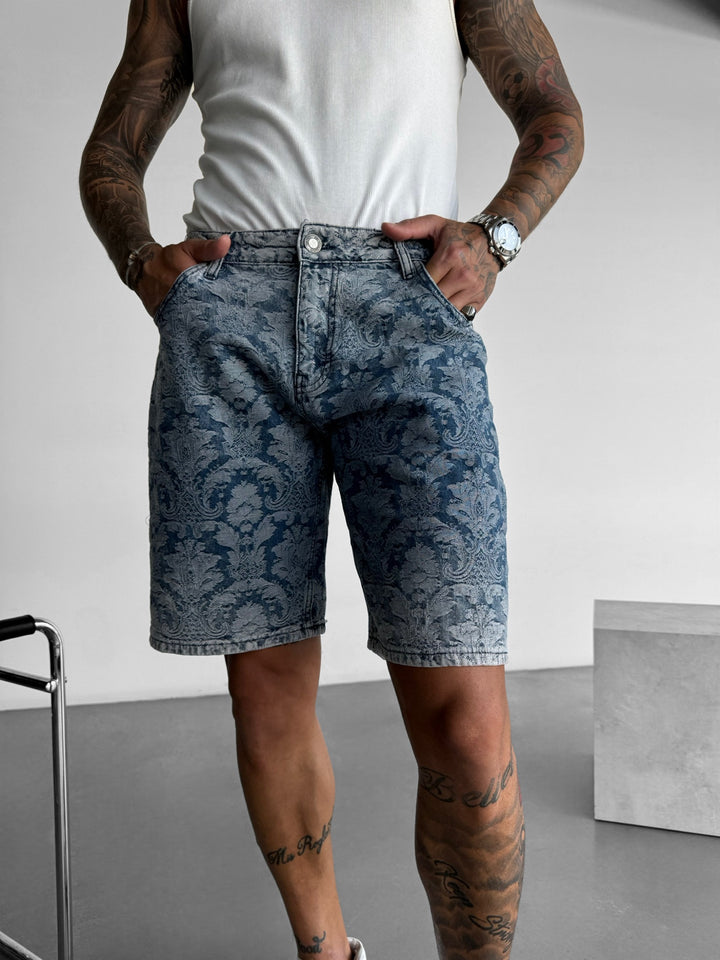 Loose Fit Damask Shorts - Blue