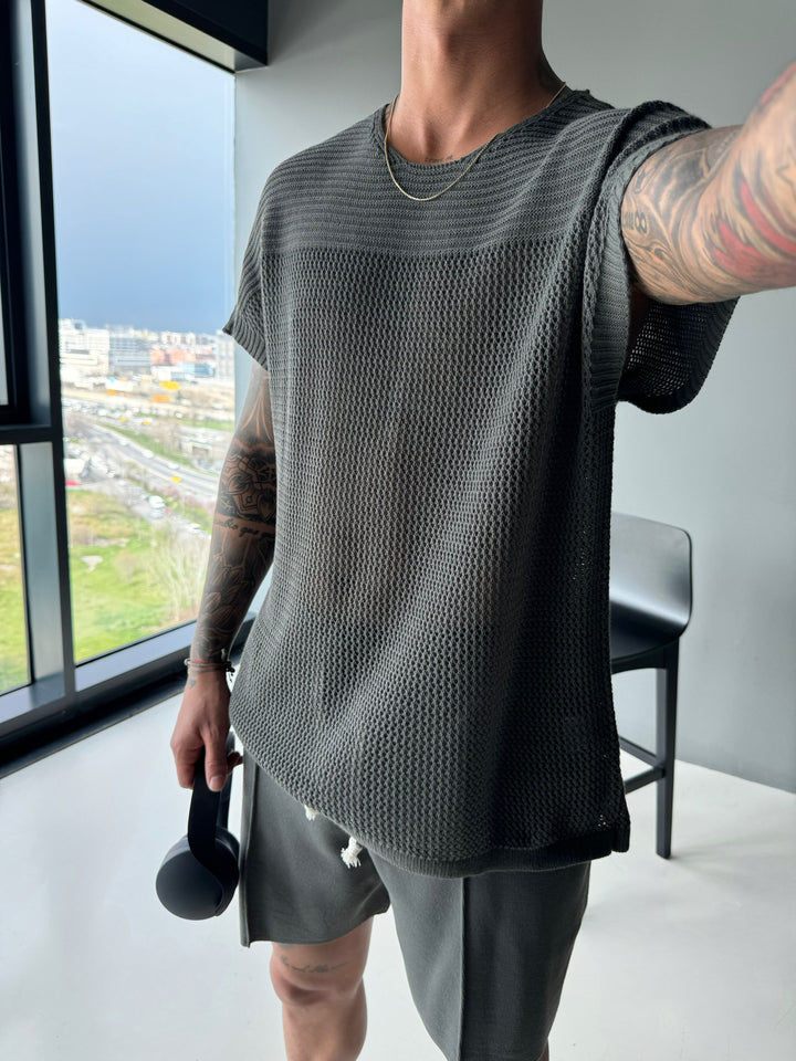 Oversize Textured Knit T-shirt - Anthracite