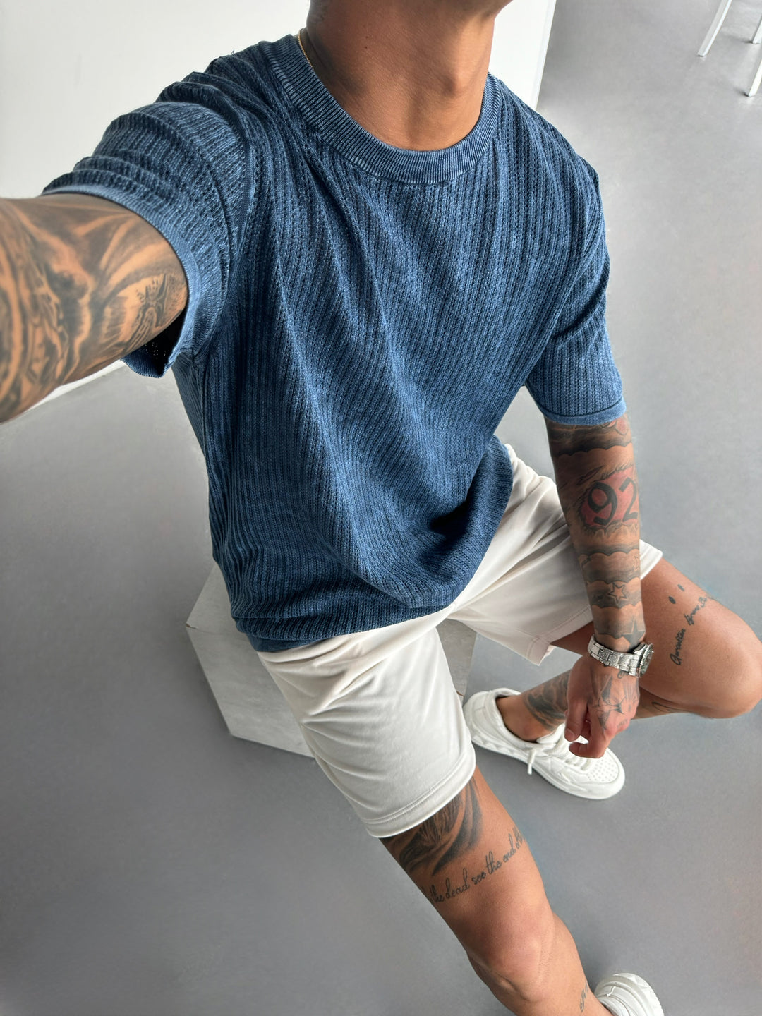 Oversize Knit Washed T-shirt - Indigo