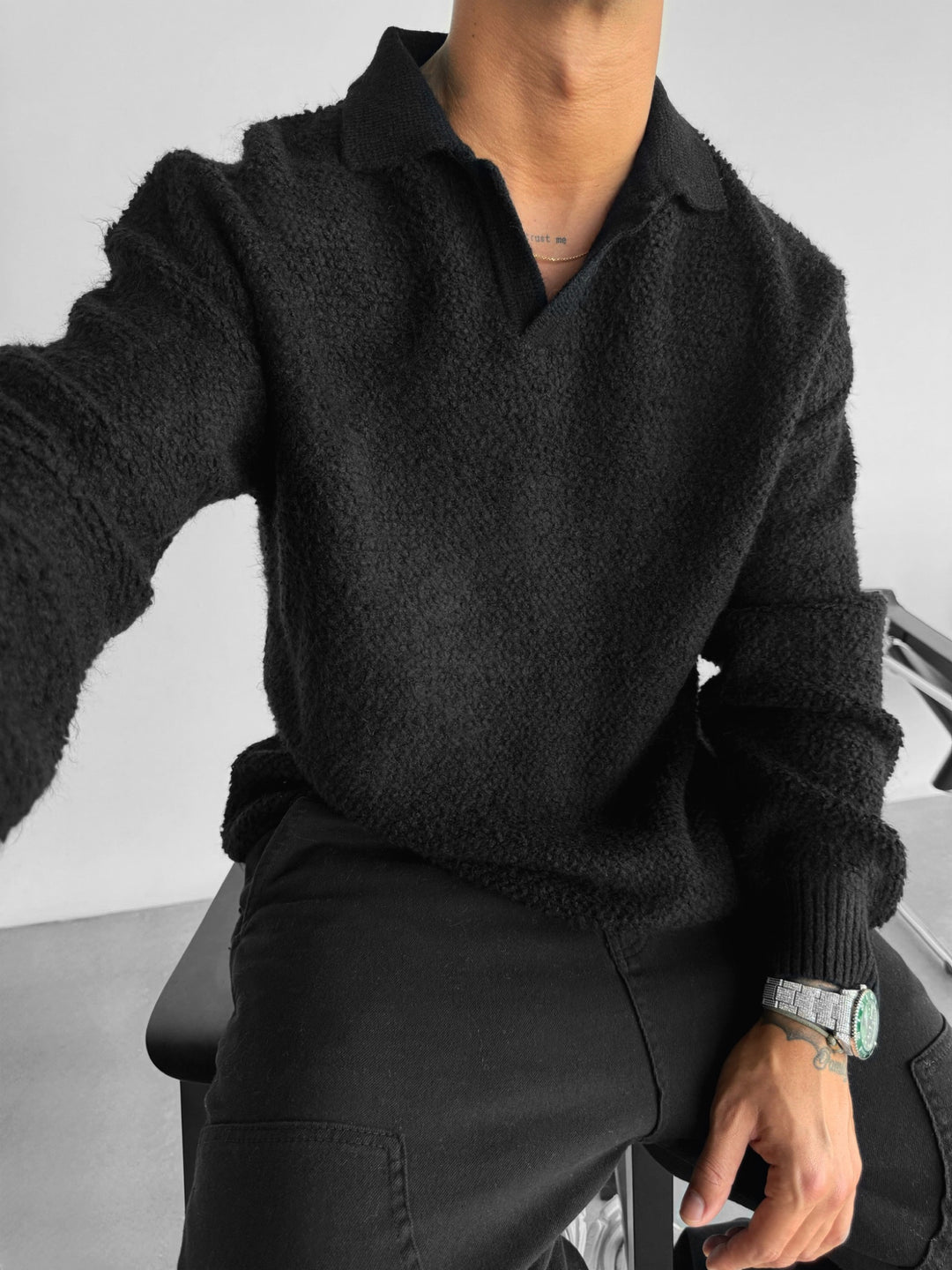 Knit Collar Brushed Pullover - Black