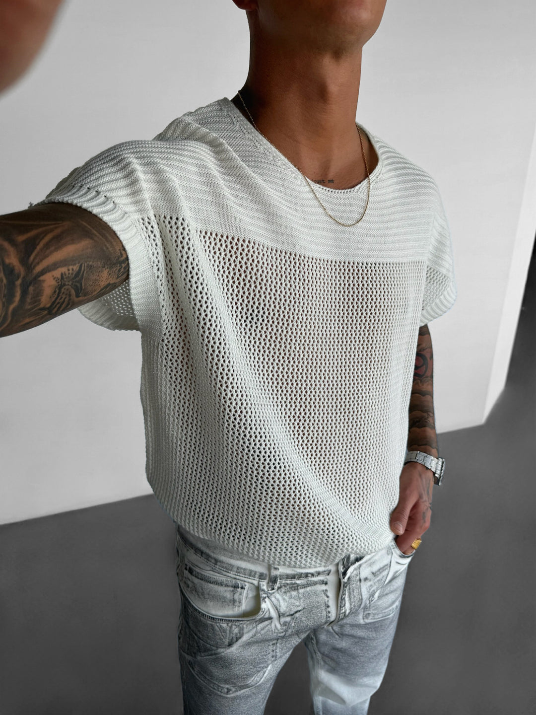 Oversize Textured Knit T-shirt - Ecru